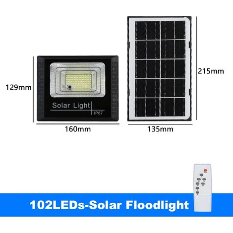 Projecteur solaire LED (102 LED) compatible avec les éclairages extérieurs de jardin, étanches et lumineux pour escaliers et murs. Intensité lumineuse réglable (distance, minuterie, télécommande). (1/5)