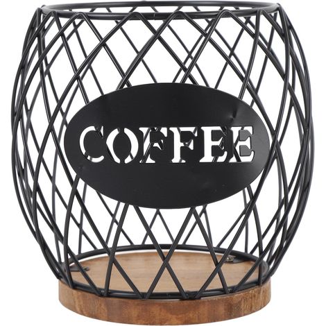 Porta capsule di caffè in ferro, grande capacità, design elegante, facile accesso, base in legno, organizer per capsule di caffè per casa o bar, colore nero. (1/5)
