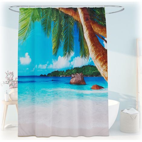 Relaxdays Shower Curtain, Tropical Design, 180 x 200 cm, Mould Resistant, Washable, 12 Rings, for Bathtub, Multicoloured