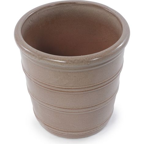 Maceta de cerámica artesanal taupe Ø 24 cm con ranuras horizontales y agujeros de drenaje (1/5)