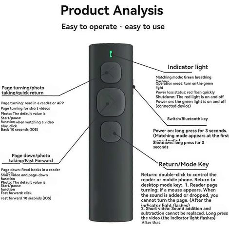 BT Page Turner pour liseuse, smartphone, télécommande Bluetooth pour visionner de courtes vidéos par glissement pour Android