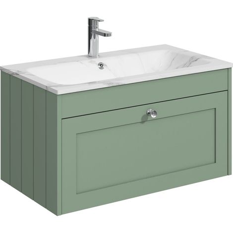 Balterley Butterton 800mm Wall Hung 1 Drawer Unit with Stone Basin 1 Tap Hole, Satin Green (1/4)