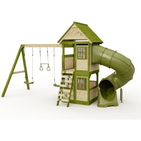 Rebo Wildwood Twist Tower Playhouse with Triple Swing and Spiral Slide (1/5)
