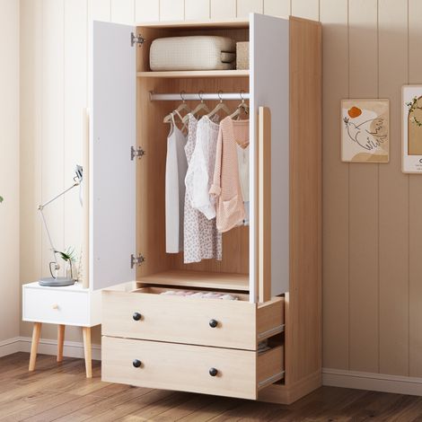 Armadio guardaroba in legno Natural+Bianco 70 x 40 x 170 cm con 2 ante, 2 cassetti e vano interno (1/5)
