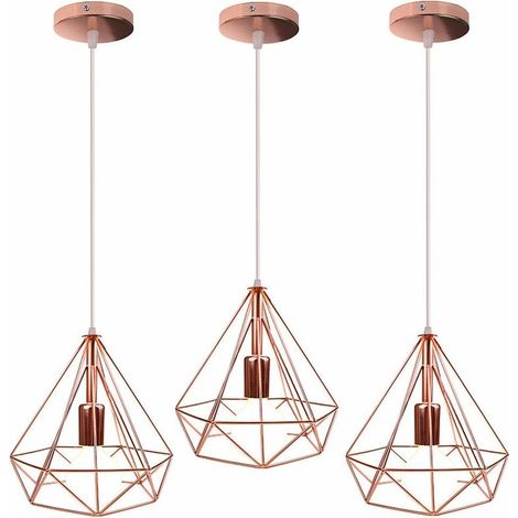 3 pack Lampes de Plafond Abat-Jour 25cm Suspension Lustre Cage en Fer Forme Diamant avec Douille Eclairage Style Industrielle Or rose (sans ampoule) - Or Rose BLOW (1/4)