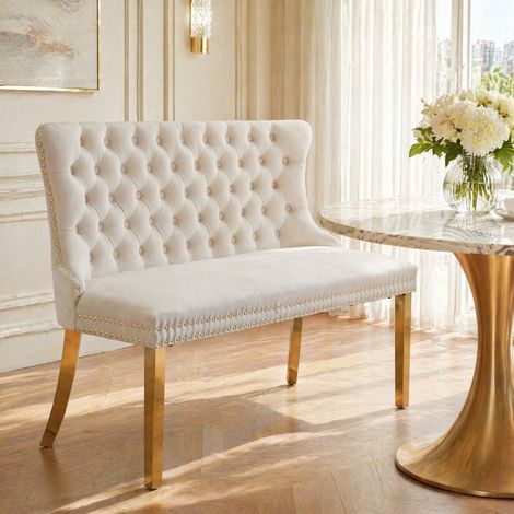 Panca 2 posti 116x57,5x89,5 cm in velluto beige salvaspazio FloraGrace (1/5)