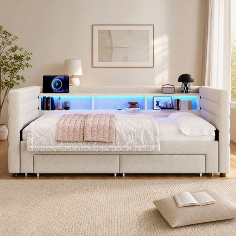MEUBLIV Letto 90x190 cm beige con cassetti e LED, senza materasso (1/5)