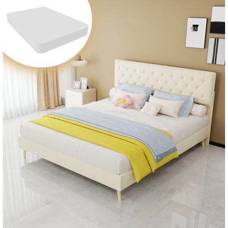 Letto imbottito moderno in velluto beige 160x200 cm con testiera alta, rete a doghe e materasso incluso