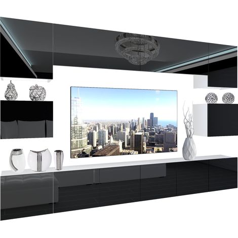 BELINI - Unité Murale TV NEX I Ensemble Muebles de Salon Complet I Ensemble Meuble TV avec Illumination LED I Dimensions: 300 x 180 x 36 cm I Coleur: Noir très Brillant
