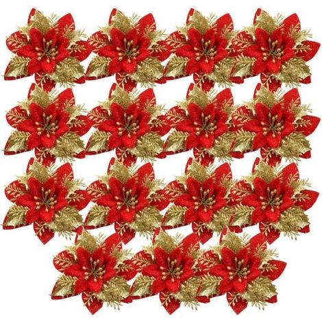 15 pcs Poinsettia Noel Artificiel Décoration de Noël Fleurs Artificielles,Ornements d'sapins de Noël Décoratifs pour Guirlande de No (1/4)