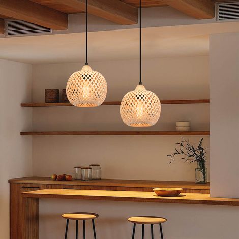 2pcs Lustre Suspension Style Bohème Abat-jour en Bambou Lampe Suspendue Rustique Vintage Luminaire E27 pour Salle à Manger Salon Cuisine 20cm