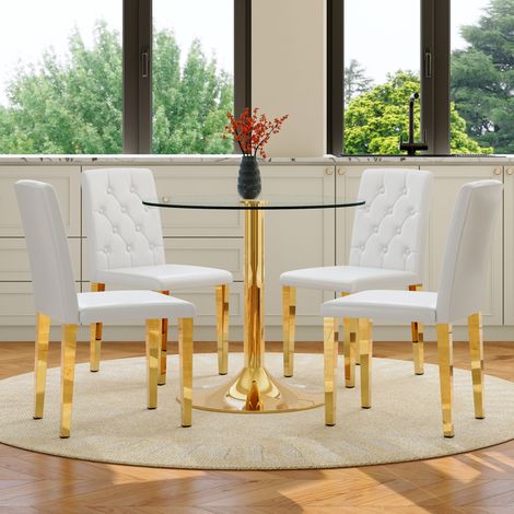 Ensemble table et chaises de salle a manger en verre trempe et metal dore, 4 places, style moderne, assises rembourrees (1/5)