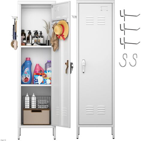 AOBABO Armoire métallique, avec poignée verrouillable et crochets, armoire à porte unique, adaptée aux employés, idéale pour la maison, la salle de sport et l'école, à assembler, blanc