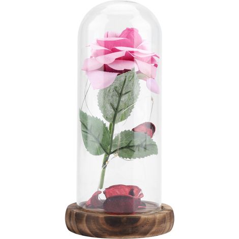 Rose LED préservée en verre avec socle en bois, cadeau Saint-Valentin mariage rose (1/5)