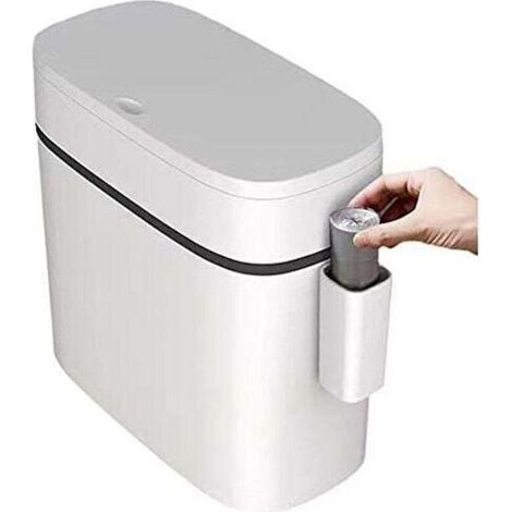 Poubelle en plastique ultra fine avec couvercle, poubelle rectangulaire à pression pour salle de bain, chambre, cuisine et bureau, blanche (12 litres) (1/4)