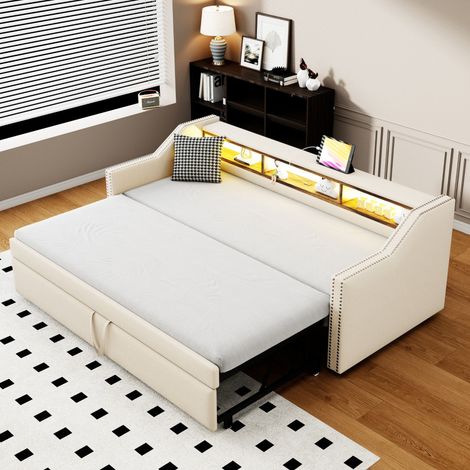 Lit Gigogne 90/180x190cm - Canapé Lit Banquette Extensible Rembourré en Lin avec LED Prises USB et Rangements - Beige (1/5)