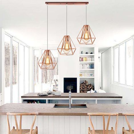 Pendelleuchte Vintage, 3 Flammig Metall Pole-Pendelleuchte im Retro Look, Ø20cm Diamant Hängelampe mit Ø20cm Käfig E27 Fassung (Rosegold)