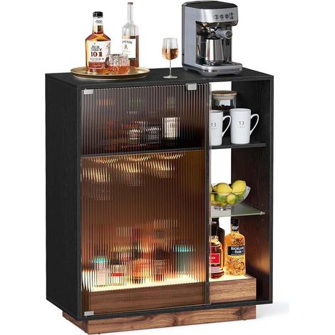 Meuble bar moderne avec éclairage intégré rangement pour vin 42 x 88 x 105 cm en panneau d'aggloméré noir boisé (1/2)