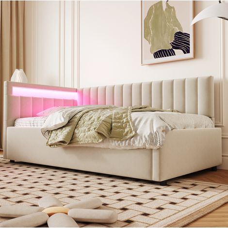 Divano letto imbottito in velluto beige 90x200 cm con LED, contenitore idraulico e rete a doghe (1/5)