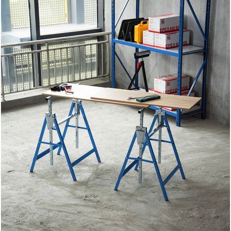 Juego de 2 caballetes de obra, 68x58x80-130 cm, altura regulable, plegables, acero, azul (1/5)