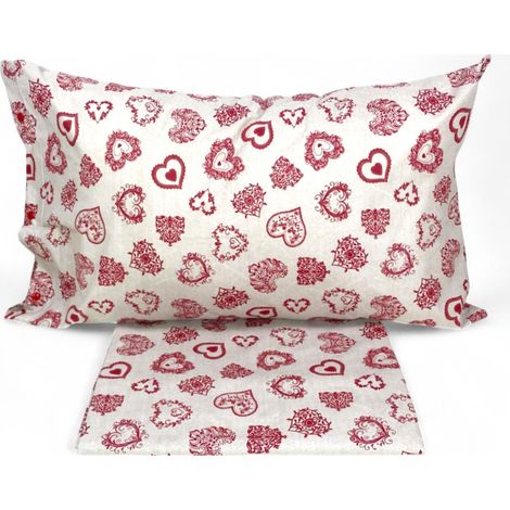 Completo Lenzuola Miros Cuore - Biancheria Letto Tirolese Cotone 100% - Cuori Rossi Made in Italy Due Piazze