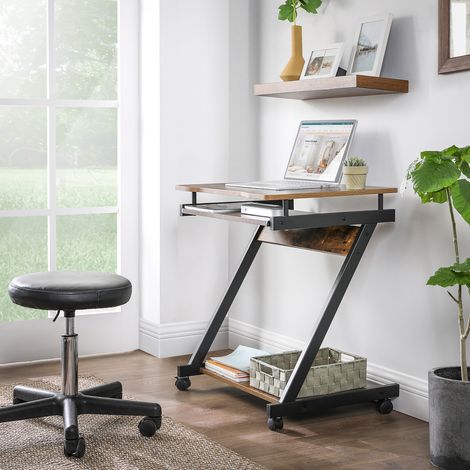 Bureau en Z, Table d’ordinateur, Table informatique, peu encombrant, montage simple, roulettes avec freins, avec support à clavier, pour bureau, Marron Rustique et Noir (1/5)