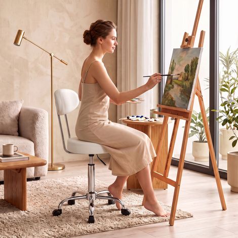 Tabouret pivotant - Sans marque - Modèle Blanc - Cuir PU, Hauteur réglable 47-59cm, Dossier rembourré, Base 5 roulettes (1/5)