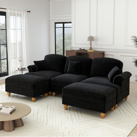 Sofá modular en U de chenilla negro con falda desmontable y puf móvil, diseño elegante y gran comodidad,272x140x93 cm (1/5)