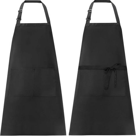 Tablier De Cuisine - Polyester Imperméable Avec Poches - Réglable À La Nuque - Noir - Lot De 2 (1/5)