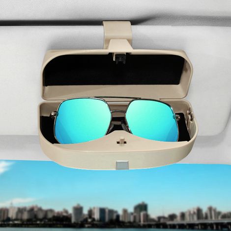 Porte-lunettes de soleil universel pour voiture, boîte de rangement clipable beige, organiseur multifonction pour pare-soleil, étui pratique et robuste. (1/5)