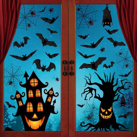 Lot de 63 autocollants de fenêtre pour Halloween à fixation par pince - Décoration réutilisable double face Sans colle : fantômes, chauves-souris, citrouilles pour baies vitrées et portes (feuilles A (1/5)