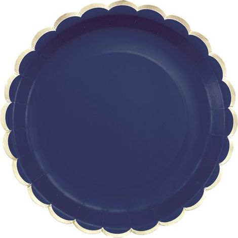 8 assiettes en carton festonnées, bleu marine et doré, 23 cm, pour fêtes élégantes et événements festifs