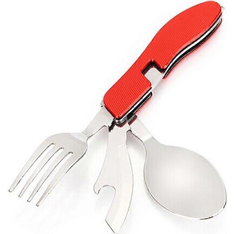 1 ensemble de couverts de camping pliables en acier inoxydable pour l'extérieur, comprenant une cuillère-fourchette et une fourchette.