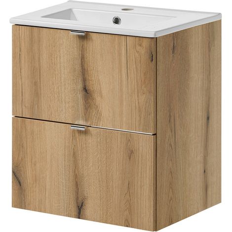 Mobiletto Sottolavabo NEWPORT a 2 Cassetti con Lavabo 51x57x39 cm - Effetto Rovere [en.casa]