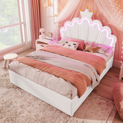 Lit avec Tiroirs 140 x 200 cm, Lit Double avec 2 Tiroirs, Tête de Lit Réglable et LED, sans Matelas, PU Blanc