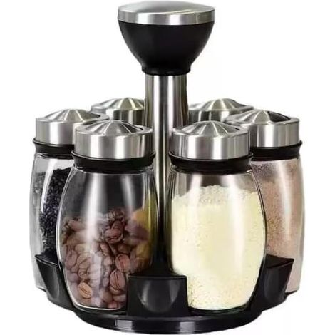 Estante giratorio para especias de cocina, soporte con giro de 360°, capacidad para 6 frascos de vidrio, solución de almacenamiento que ahorra espacio. (1/4)