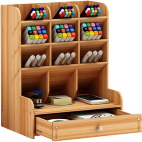 Porte-crayon Organisateur, la Porte-boîte de rangement en Bois, lieu de culte porte-crayon multifonction de Bureau de la bibliothèque multimédia pour la Maison, le Bureau et l'École, 13 Compartiments (1/5)