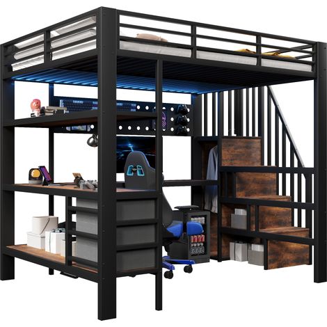 Lit mezzanine 140x200 cm avec bureau, étagère, tiroir, panneau perforé, prise et LED dimmable, structure métal et MDF, noir, sans matelas CHICFURN (1/5)