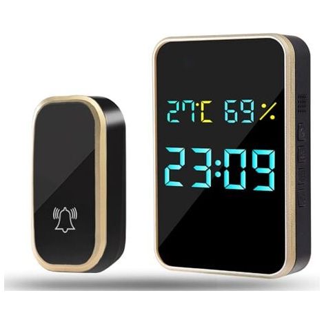 Timbre inalámbrico para exteriores, impermeable, automático, sin pilas, con visualización de temperatura, humedad y hora, con 38 melodías y 4 niveles de volumen. (1/5)