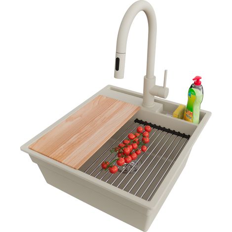 PRIMAGRAN Evier Cuisine en Granit 48x53cm,Lavabo 1 bac + Robinet 40x20cm + Kit de Vidage + Accessoires, Évier à Encastrer au meuble 50cm - Oslo Pocket, Beige (1/5)