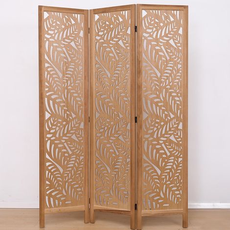 Pegane – Paravent ajouré en bois paulownia 3 pans – Motifs feuille – Hauteur 170 cm – Longueur 120 cm – Coloris brun clair