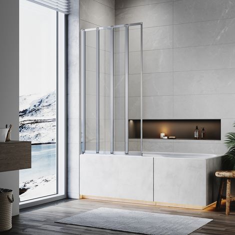 ELEGANT Bath Screen Chrome 4 Fold Pivot Shower Screen for Bath 1000x1400mm Glass Screen 4mm Safety Tempered Glass Panel (1/5)