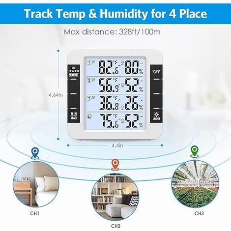 Innen-/Außenthermometer, intelligentes Thermometer mit 3 drahtlosen Sensoren, überwacht Luftfeuchtigkeit und Temperatur (℃/℉), speichert Maximal- und Minimalwerte, zeigt Trend- und Komfortindikatoren (1/4)