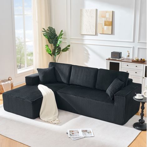 Canapé d’angle modulable en L 235 x 128 x 60 cm, velours côtelé noir, avec méridienne et 2 coussins (1/5)