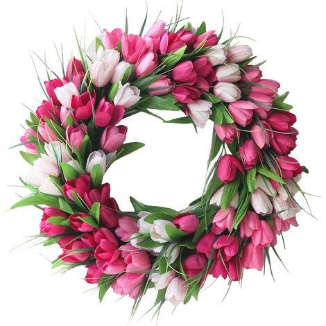 Corona de tulipanes artificiales (45 cm), rosa campestre, para puerta/ventana/pared, primavera/verano. (1/4)
