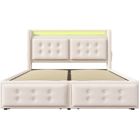 Gepolstertes Doppelbett 140x200 mit LED, USB-C, 4 Schubladen und Matratze, beige MODENUIT (1/5)