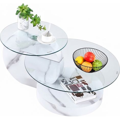 ELVMI Table basse avec plateaux superposés et verre trempé, structure en MDF, pour salon, 78.5 x 78.5 x 24.5 cm (1/5)