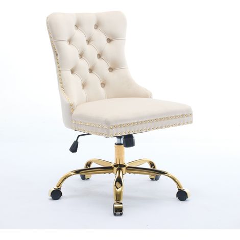 Fauteuil de bureau en velours beige avec base pivotante en métal doré (1/5)