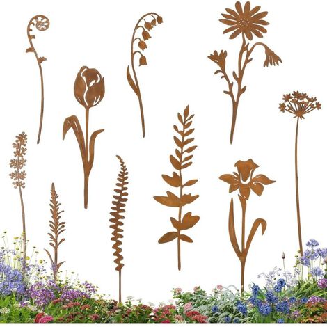 Décoration Jardin,10 Pièces Piquets de Jardin en Métal Rouillé,Piquets de Metal Jardin Décoration Rust Garden Stick,avec Motifs de Plantes de Feuilles de Fougère,pour Terrasse,Balcon,Exterieur