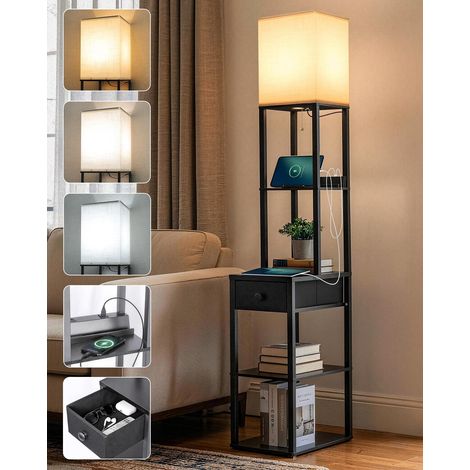 Lampadaire avec étagère, Lampadaire Salon Massif avec 3 Températures de Couleur 3000 K-6500 K, 2 Ports de Charge USB et 1 Tiroir, éclairage Intérieur Chambre et Salon, Noir (1/5)